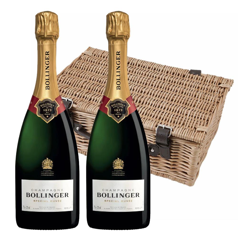 Congratulations and Thank you 75cl Bollinger Champagne with a 2 Person Cream Chiller Wicker Picnic Basket Gift Ideas for Birthday Wedding Anniversary Corporate Business 