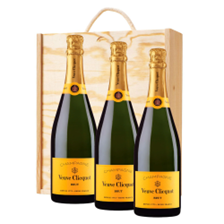 Buy & Send 3 x Veuve Clicquot Brut Yellow Label Champagne 75cl Treble Wooden Gift Boxed Champagne