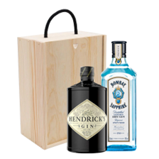 Buy & Send Bombay Sapphire Gin And Hendricks Gin Double Pine Wooden Gift Boxed (2x70cl)