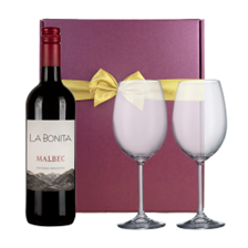 Buy & Send La Bonita Malbec 75cl Red Wine And Bohemia Glasses In A Gift Box