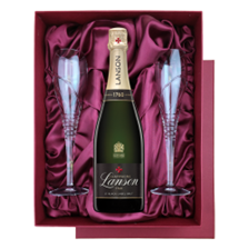 Buy & Send Lanson Le Black Label Brut 75cl Champagne in Red Luxury Presentation Set With Flutes