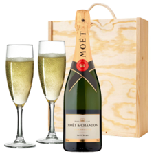 Buy & Send Moet And Chandon Brut Champagne 75cl And Flutes In Pine Wooden Gift Box