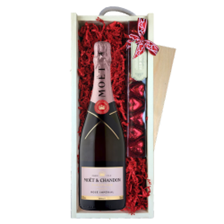 Buy & Send Moet & Chandon Rose Champagne 75cl & Chocolate Praline Hearts, Wooden Box