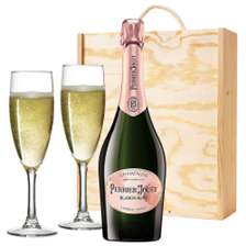 Buy & Send Perrier Jouet Rose Champagne 75cl And Flutes In Pine Wooden Gift Box