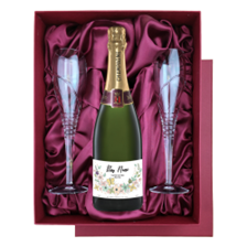 Buy & Send Personalised Champagne - Art 1 Label in Red Luxury Presentation Set With Flutes