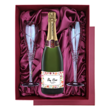 Buy & Send Personalised Champagne - Art Border Label in Red Luxury Presentation Set With Flutes