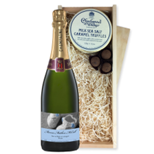Buy & Send Personalised Champagne - Baby Boy Label And Milk Sea Salt Charbonnel Chocolates Box