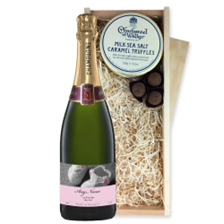Buy & Send Personalised Champagne - Baby Girl Label And Dark Sea Salt Charbonnel Chocolates Box