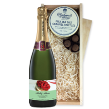 Buy & Send Personalised Champagne - Birthday Cake Label And Milk Sea Salt Charbonnel Chocolates Box