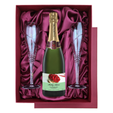 Buy & Send Personalised Champagne - Birthday Cake Label in Red Luxury Presentation Set With Flutes
