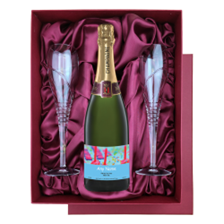 Buy & Send Personalised Champagne - Cake & Candles Label in Red Luxury Presentation Set With Flutes