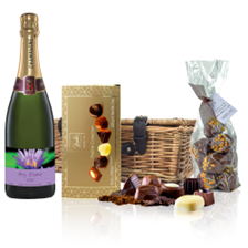 Buy & Send Personalised Champagne - Purple Flower Label And Chocolates Hamper
