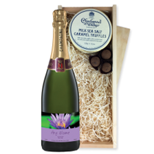 Buy & Send Personalised Champagne - Purple Flower Label And Milk Sea Salt Charbonnel Chocolates Box