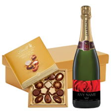 Buy & Send Personalised Champagne - Red Rose Label And Lindt Swiss Chocolates Hamper