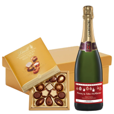 Buy & Send Personalised Champagne - Xmas 2 Label And Lindt Swiss Chocolates Hamper