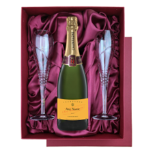 Buy & Send Personalised Champagne - Yellow Label in Red Luxury Presentation Set With Flutes