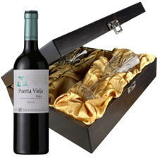 Buy & Send Puerta Vieja Rioja Tinto 75cl Red Wine And Glasses In Luxury Presentation Box
