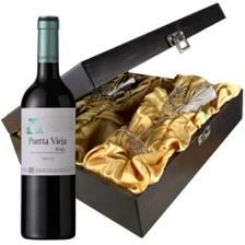 Buy & Send Puerta Vieja Rioja Tinto 75cl Red Wine In Luxury Box With Royal Scot Wine Glass